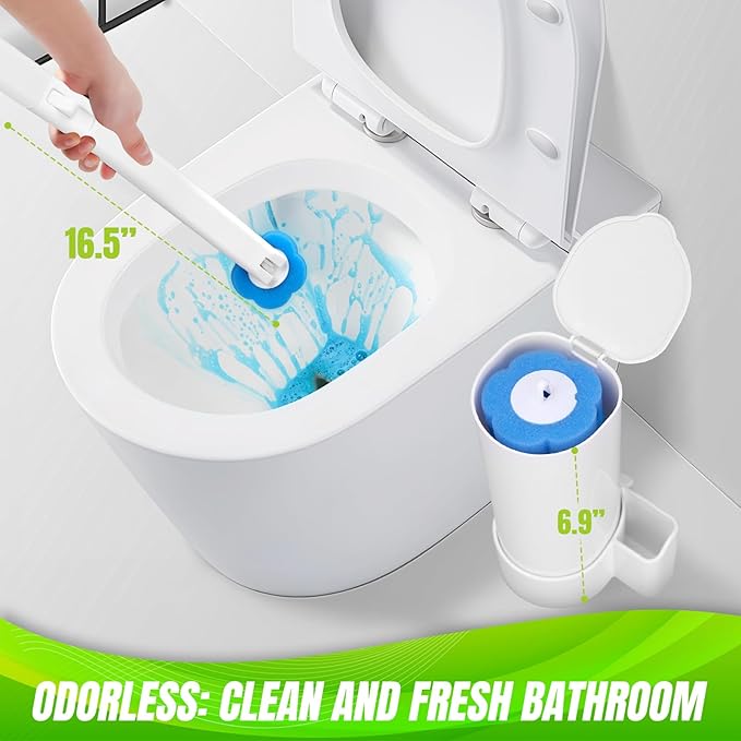 KOKL 2 Pack Disposable Toilet Brush with Holder Set, Toilet Bowl Cleaner, Toilet Bowl Brush with 54 Cleaner Refills, Toilet Cleaning Supplies for Bathroom Maintenance(2-Set)