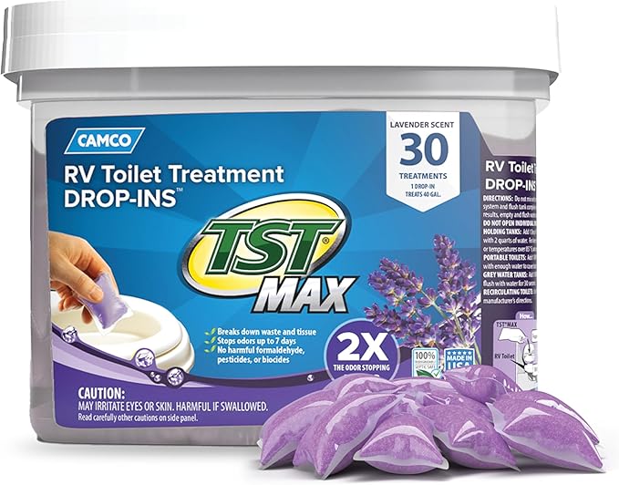 Camco TST MAX RV Toilet Treatment Drop-INs - Control Unwanted Odors and Break Down Waste and Tissue - Septic Tank Safe - Lavender Scent - 30-pack (41553)
