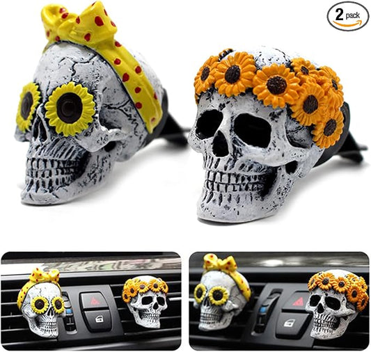 Sugar Skull Decor for Women Sunflower Air Fresheners Car Accessories Interior Aesthetic Dashboard Decorations Truck Stuff for Girls Cute Auto Charm Vent Clips Halloween Decors Easter Gifts for Women