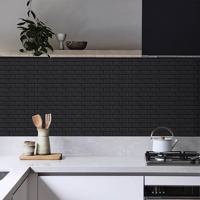 Matte Black Peel and Stick Subway Tiles for Kitchen, Thicker Design Stick on Tlies for Living Room, Large 10-Sheet Self-Adhesive Kitchen Backsplash (12''×12'')