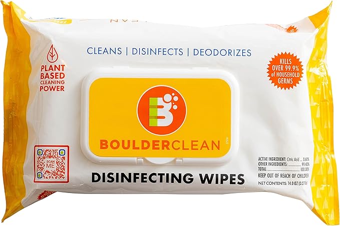 Boulder Clean Disinfecting Wipes, Fresh Lemon, Eco-Friendly Disinfectant, Multi-Surface Cleaning Wipes, On-The-Go Antibacterial Wipes, Kills Over 99.9% Germs, 72 Count (Pack of 4)