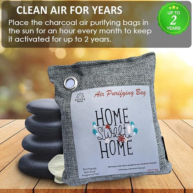 Bamboo Charcoal Air Purifying (Bag 4X200g), Removes Odors and Moisture, Nature Fresh Air Purifier Bags, Odor Eliminator for Home, Car, Pets, Bathroom, Basement
