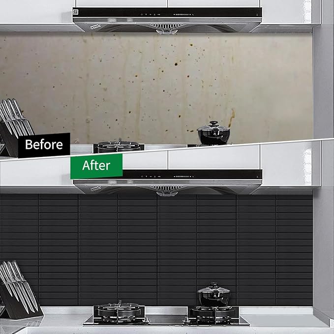 Peel and Stick Finger Tiles for Kitchen, Premium Large Design Matte Black Tiles Stick on Backsplash for Bathroom, Kitchen, RV, Etc（10-Sheet,12''×12''）.