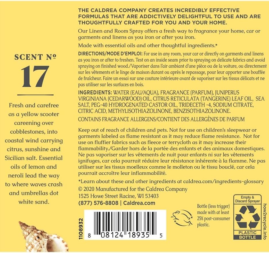 Caldrea Linen & Room Spray Air Freshener, Made with Essential Oils, Plant-Derived & Other Thoughtfully Chosen Ingredients Transparent, Sea Salt Neroli Scent, 16 Fl Oz