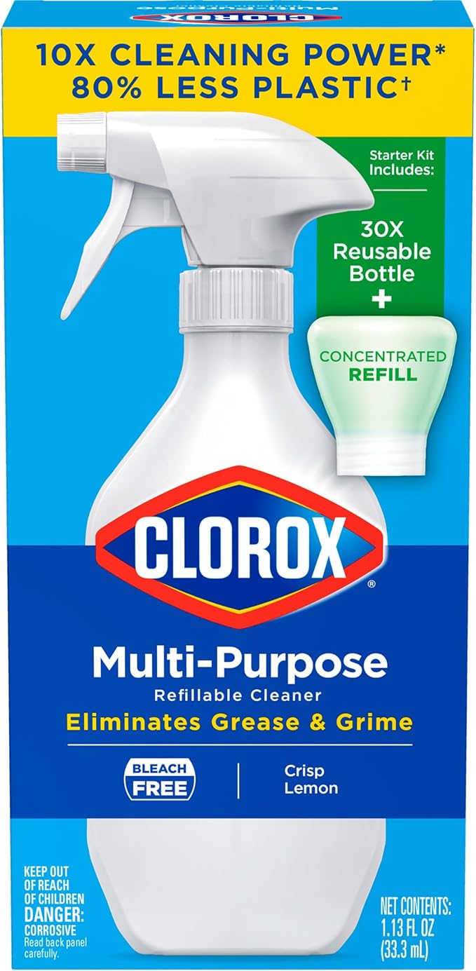 Clorox Multi-Purpose Cleaner System Starter Kit, Household Essentials, 1 Bottle and 1 Refill, Crisp Lemon, 1.13 Fl Oz