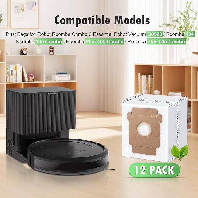 12-Pack Replacement Dust Bag Compatible with iRobot i, j, s Series, Roomba 104, 105 Vac, 105 Combo, Plus 405, Plus 505 Combo, Max 705 Vac, 705 combo Vacuum Cleaner, Disposable Vacuum Bags