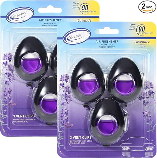 Air Jungles Car Air Freshener Vent Clip 3 Count (Pack of 2), Lavender Scent, 4 ml Each, Long-Lasting Car Odor Eliminator, Easy Clip-On Design, Up to 180 Days Freshness for Cars, Trucks, and SUVs