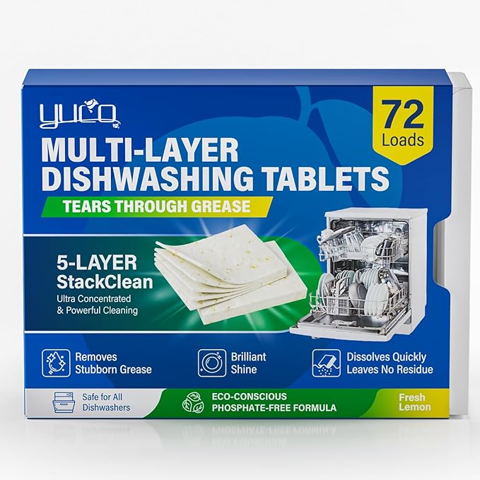 Dishwasher Detergent Tablets 72 Count: 5 Layer Powerful Dishwasher Detergent Eco-Friendly No Plastic Liquid-Free Dish Soap Cleaner Tab, Use in Dishwasher (Lemon)