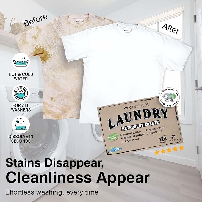 Laundry Detergent Sheets - Eco Friendly Hypoallergenic for sensitive skin, Natural Plant Based Washer Sheets, Travel Laundry Detergent, Chemical Free, Sandalwood Scent (64cnt/128 Small Loads)