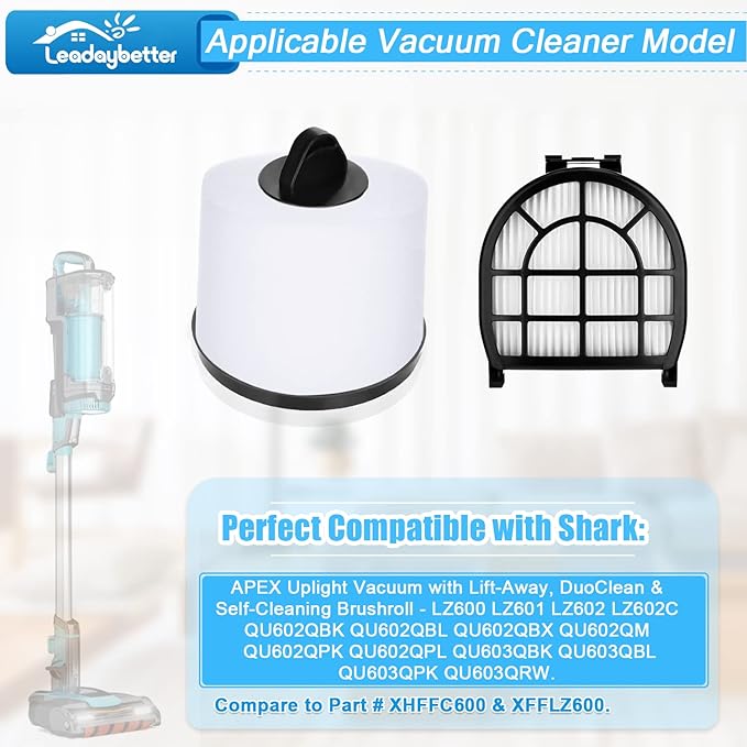 Leadaybetter Filter Replacement for Shark LZ600 LZ601 LZ602 LZ602C APEX UpLight Lift-Away DuoClean Vacuum Cleaner, 2 Post HEPA & 2 Pre Motor Filters 4 Foam Filters, Part # XHFFC600 & XFFLZ600