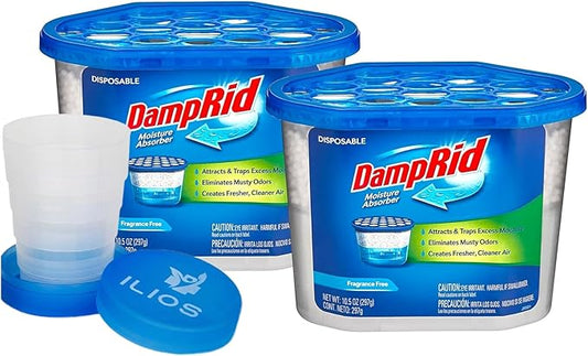Damp Rid Moisture Absorber ??Fragrance Free 2 Pack Humidity Absorber & Odor Remover for Home, Bathroom & Basement, 10.5 oz Disposable Buckets??Ilios Packaging