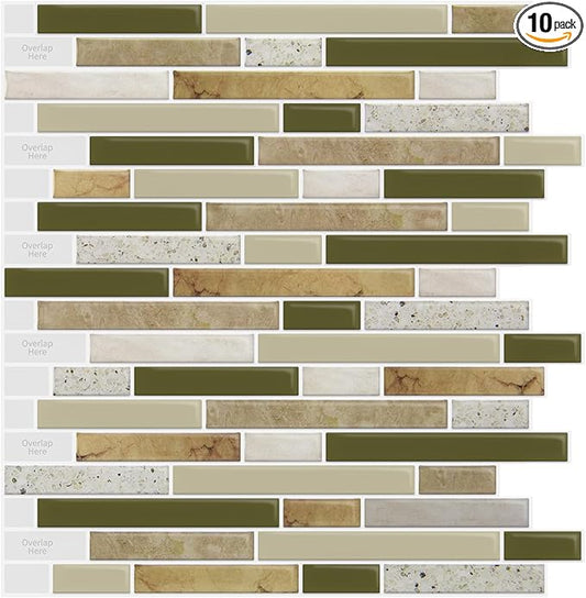 LONGKING 10-Sheet Self-Adhesive Peel and Stick Backsplash for Kitchen, Vinyl Decorative Tiles (Chrysophoron)