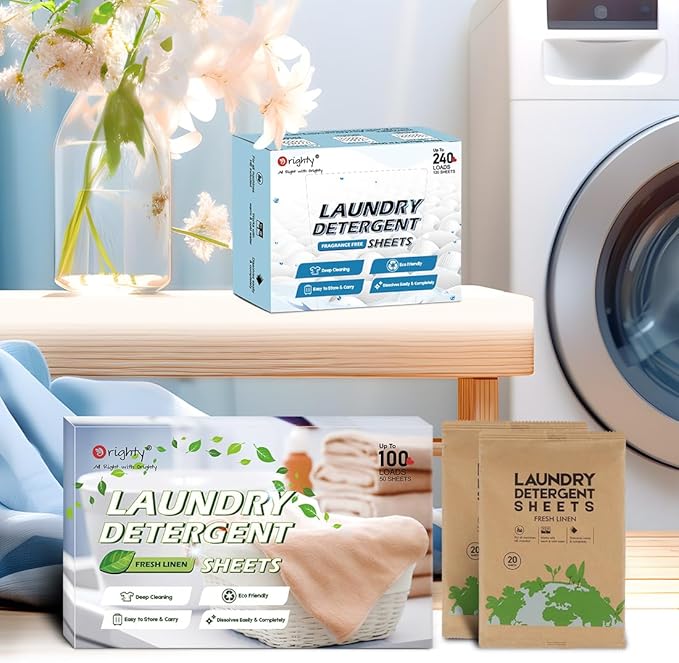Orighty Laundry Detergent Sheets, 60 Count, Fresh Linen Scent, Eco-Friendly, Hypoallergenic, Portable, No Plastic Jug, 120 Loads