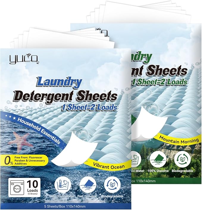 YUCO Travel Size Laundry Detergent Sheets 2 Pack of 5 Sheet, Envelope Pouch Travel Pack, for Clothing Deep Cleaning Grament Freshening, Hypoallergenic, Each 5 Sheets, Ocean and Mountain