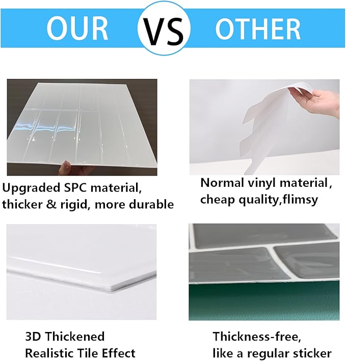 Peel and Stick Tile, New Upgrade Thicker Design Self Adhesive 12" x 12" Large Premium Finger Tiles for Kitchen,Bathroom, Living Room, RV Etc (10-Sheet,White).