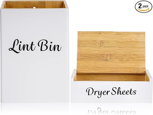 FJO Magnetic Lint Bin for Laundry Room - Bamboo Magnetic Lint Bin with Lid, Wall Mounted Dryer Sheet Holder Laundry Pods Dispenser Set,Farmhouse Magnet Trash Can Decor, Lint Box for Laundry Room