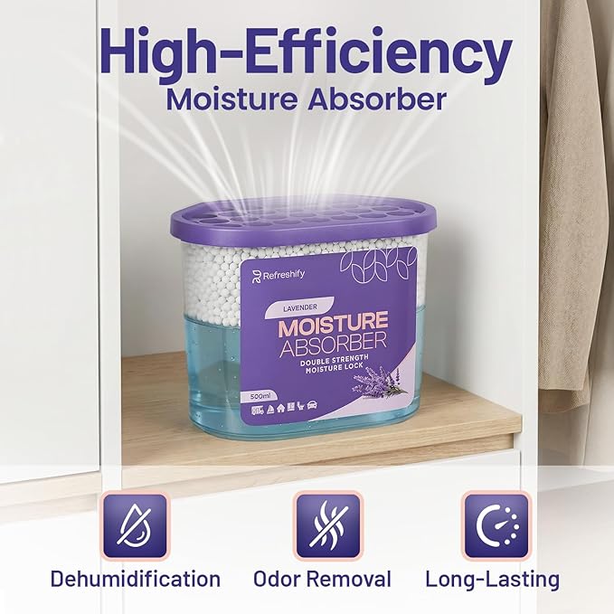 Premium Moisture Absorbers and Dehumidifier Tubs – High-Efficiency Closet Dehumidifier and Dehumidifier for Car, Odor Control Lavender, 6 Pack, 7.5 Oz