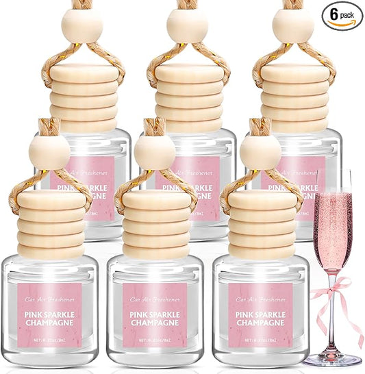 AROIC Car Air Freshener - Pink Sparkle Champagne Fragrance, 6 Pack Long Lasting Essential Oil Fragrance Diffuser, Hanging Cute Automotive Perfumes Interior Decor, Pink Car Accessories for Women & Men