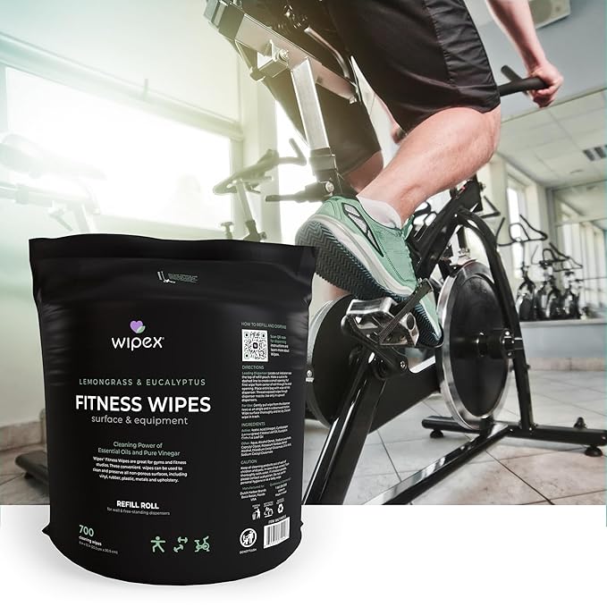 Wipex Wipe Dispenser & Refill Bundle - 1400ct 8"x12" Large Gym Wipes for Equipment, Lemongrass & Eucalyptus Scent with Premium Black Stainless Steel Floor Dispenser & Trashcan
