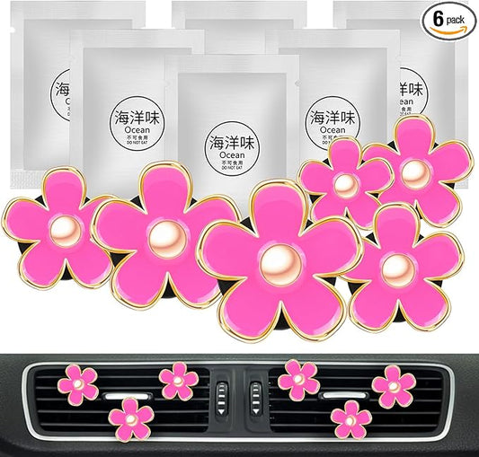 Cute Pink Car Accessories for Women Teens Girls 6pcs Boho Flowers Cars Air Fresheners Vent Clips Girly Automotive Truck Smell Freshener Gadgets Diffuser Aesthetic Decor Valentines Gifts for Her Women