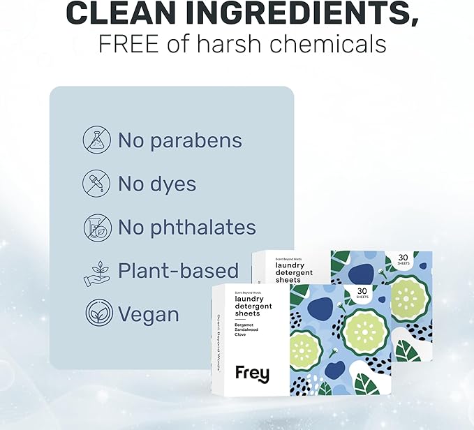 FREY Laundry Detergent Sheets – Bergamot Beach Scent | Plant-Derived | 60 Sheets (Pack of 2)