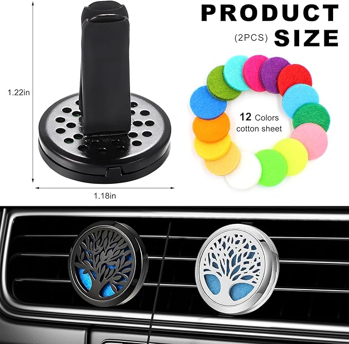 2PCS 30mm Car Diffuser Vent Clips, Tree of Life Aromatherapy Essential Oil Diffuser Locket with 12 Felt Pads, Stainless Steel Car Diffuser Locket Air Freshener (Style 2)