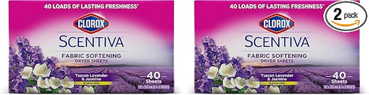Clorox Scentiva Fabric Softening Dryer Sheets | Fabric Sheets in Tuscan Lavender & Jasmine | 40 Count Dryer Sheets That Reduce Wrinkles and Reduce Static Cling (Pack of 2)