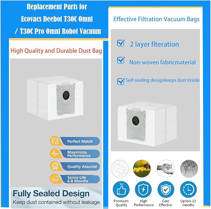Replacement ECOVACS Accessories for DEEBOT T30C Omni / T30C Pro Omni Robot Vacuum：Parts 1 Main Brush 4 Side Brushes 4 HEPA Filters 3 Dust Bags 4 Mop Pads Spare Attachments