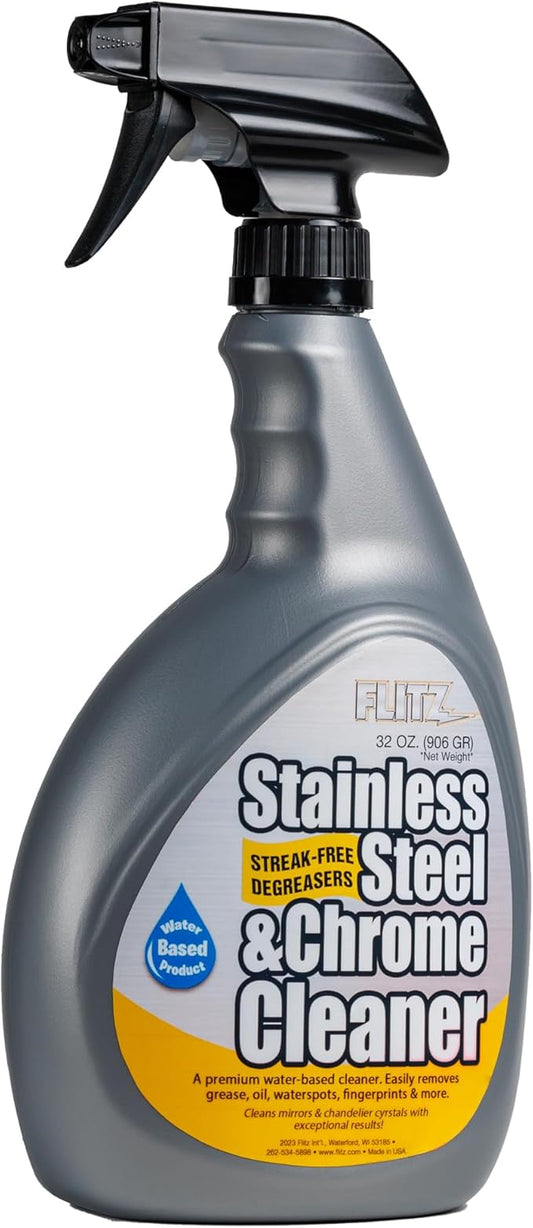 FLITZ Stainless Steel & Chrome Clean - 32oz Bottle, USA-Made Stainless Steel Cleaner Spray for Appliances - Grill, Fridge, Sink Stain Remover - Also Works on Aluminum Surfaces (1 Pack)
