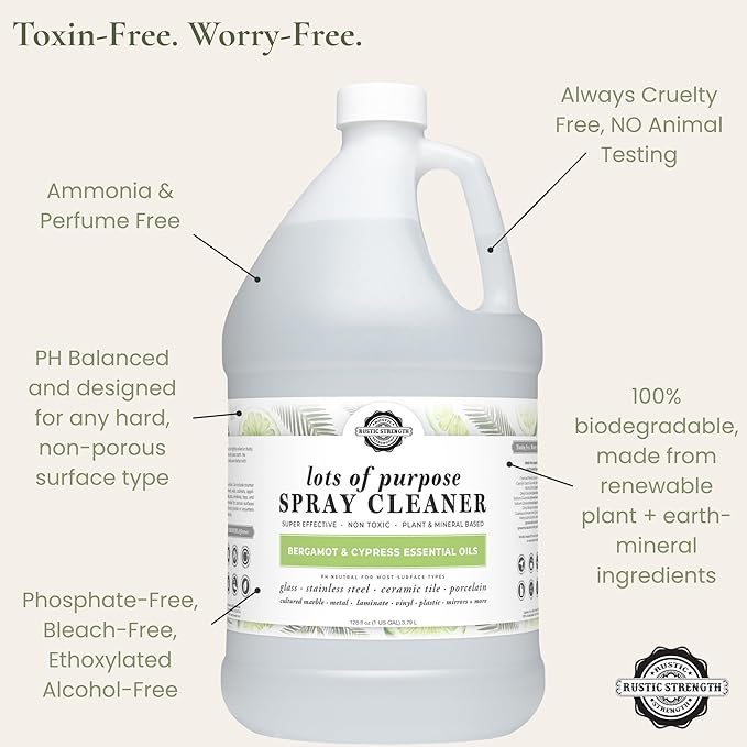 Rustic Strength Lots of Purpose Spray Cleaner, Bergamot & Cypress, Multi-Surface, pH Balanced, Non-Toxic, Biodegradable, 1 Gallon, Plastic