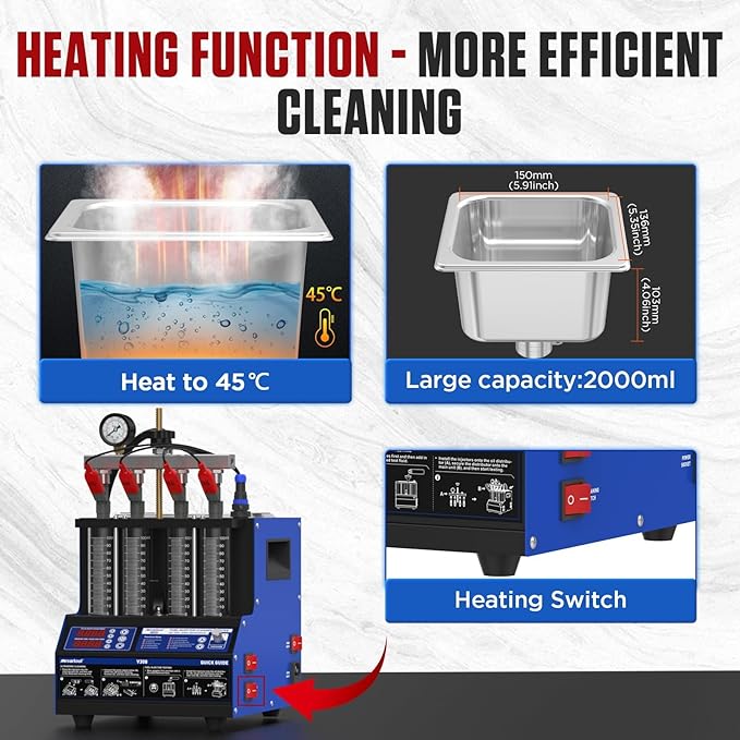 Fuel Injector Cleaner Tester Machine,V308 Heated Ultrasonic Cleaner Tester with 9 Test Modes, 4 Cylinder Fuel System Injection Cleaning Tool Kit for Motorcycle Most Car Injectors (V308)