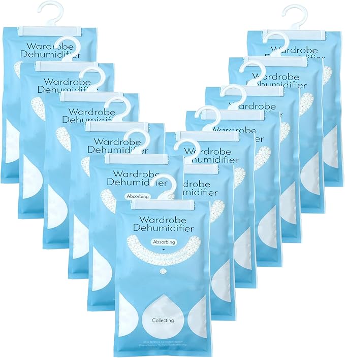 12 in 1 Moisture Absorbers Packets Set, Dehumidifier Bags for Closet, Unscented Hanging Humidity Absorber in Wardrobes, Bedrooms, Bathrooms, Car and More (Capacity 500 Milliliters/Bag;12 Bags)