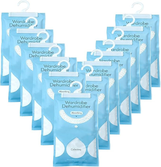 12 in 1 Moisture Absorbers Packets Set, Dehumidifier Bags for Closet, Unscented Hanging Humidity Absorber in Wardrobes, Bedrooms, Bathrooms, Car and More (Capacity 500 Milliliters/Bag;12 Bags)