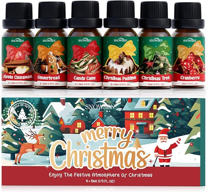 Christmas Essential Oils Gift Set, SNOWSEN Winter Fragrance Oils for Diffuser & Aromatherapy, Apple Cinnamon, Christmas Pudding, Candy Cane, Gingerbread, Cranberry Scented Oil for Candle Making