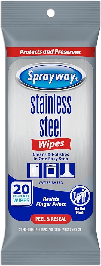 Sprayway Stainless Steel Wipes (Water-Based), 20ct, Pack of 12 | Pre-Moistened, Streak-Free Formula | Cleans Stainless Steel, Brass, Silver, Chrome, Copper | Removes Smudges, Stains, Fingerprints