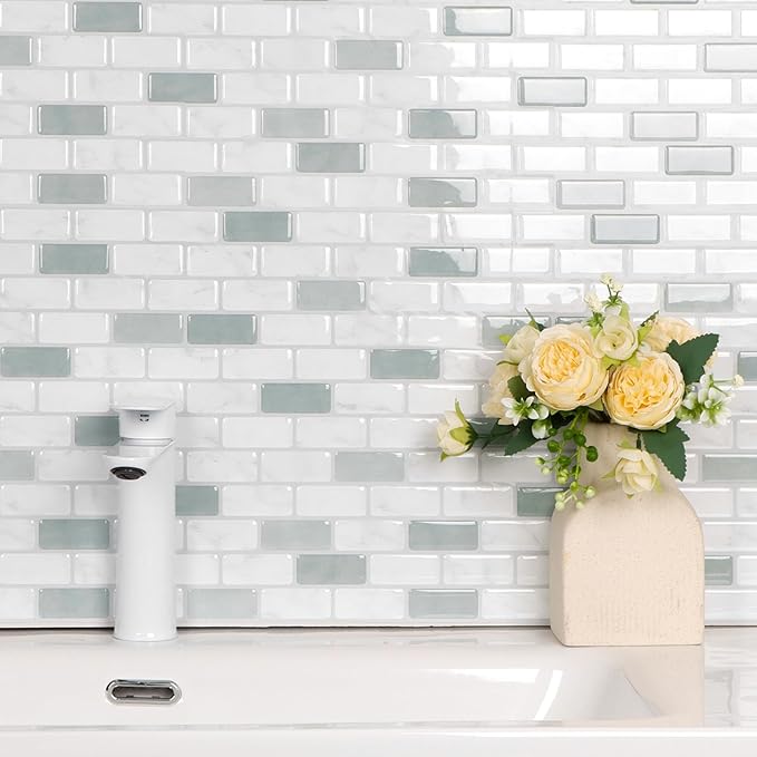 Peel and Stick Backsplash Tile, 10-Sheet Sage Green Self Adhesive Marble Tile, Stick on Backsplash for Kitchen and Bathroom, 12"x12" Wall Tiles with Marble Look