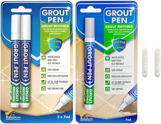 Grout Pen Tile Paint Marker: Light Grey 1 Pack and 2 Pack White with Extra Tips (Narrow, 5mm) - Waterproof Tile Grout Colorant Marker for Cleaner Looking Floors & Whitener Without Bleach