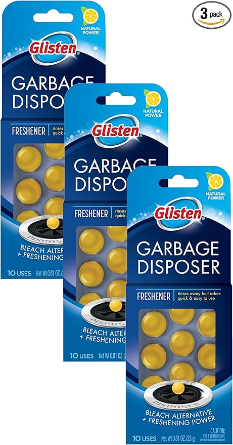 Glisten Disposer Care Freshener, Odor Eliminator, Quick & Easy-to-Use Garbage Disposal Freshener, Lemon Scent, 10 Use (Pack of 3)
