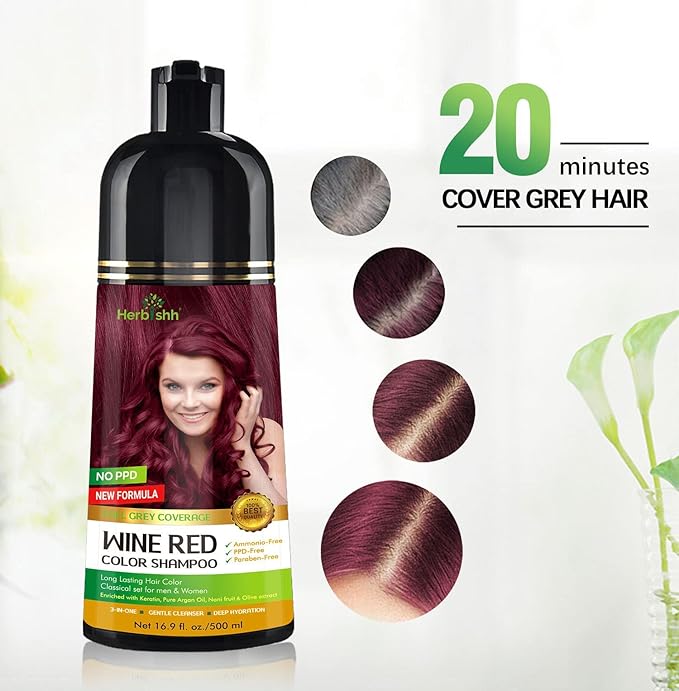 Herbishh Hair Color Shampoo for Gray Hair Wine Red 500 ML + Hair Color Stain Remover Wipes - Travel Pack With 5 Wipes