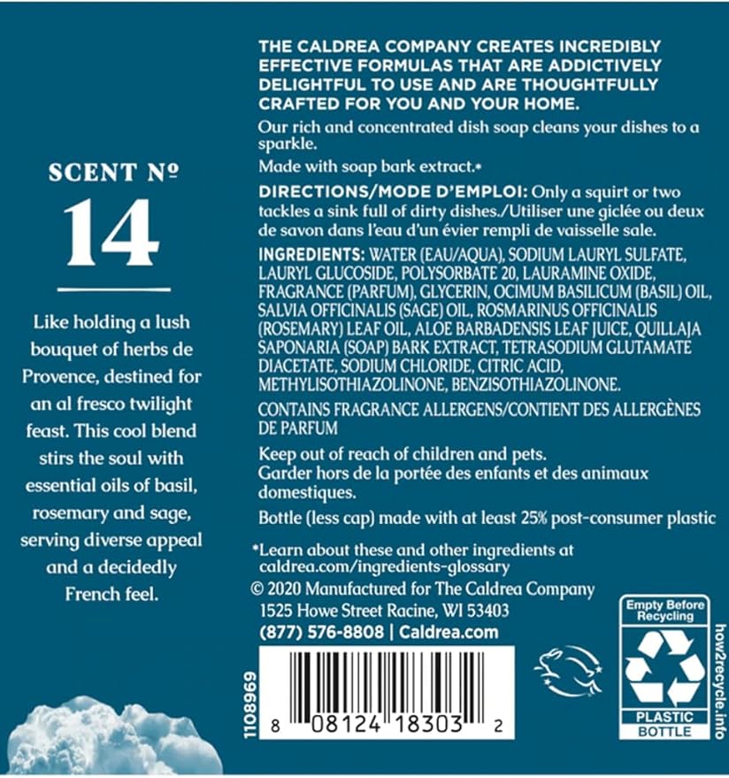Caldrea Dish Soap, Biodegradable Dishwashing Liquid made with Soap Bark and Aloe Vera, Basil Blue Sage Scent, 16 oz