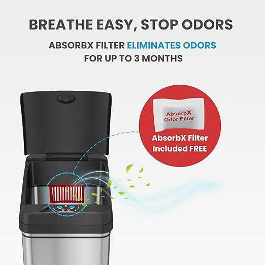 iTouchless Rolling 13 Gallon Sensor Kitchen Trash Can with Lid and Wheels Odor Filter Stainless Steel Automatic Kitchen Garbage Bin Trashcan for Home Office Bedroom Living Room Garage Wastebasket
