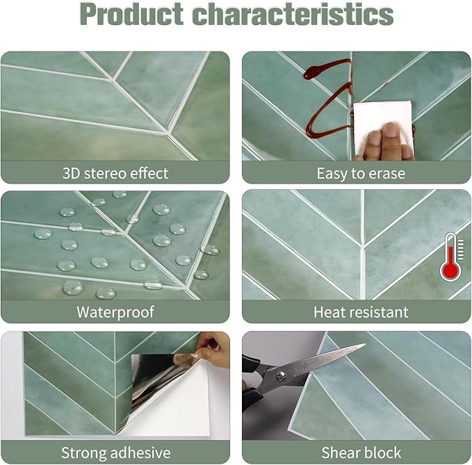 Peel and Stick Backsplash for Kitchen,New Upgrade Herringbone Premium Kitchen Backsplash,Stick on Subway Tile Peel and Stick Backsplash,Green 10-Sheet.