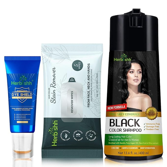 Herbishh Hair Color Shampoo for Gray Hair Black 400 ML - Dye Shield or Defender - Hair Color Stain Remover Wipes - Travel Pack With 5 Wipes