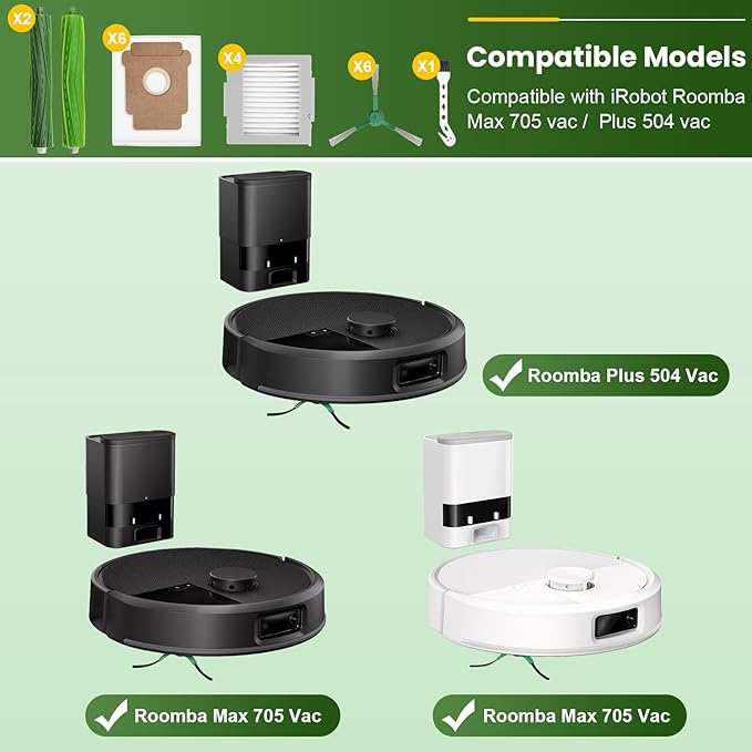 19 Pcs Accessories Kit Compatible with iRobot Roomba Max 705 Vac/Plus 504 Vac Robot Vacuum, Replacement Parts Include 2 Main Brushes, 6 Dust Bags, 4 Filters, 6 Side Brushes, 1 Cleaning Tool