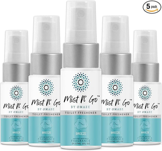 Mist N??Go by Omaze Travel Bathroom Spray for Toilet Spray Odor Eliminator - Travel Toilet Spray for Bathroom Air Freshener Spray for Bathroom Deodorizer - Breeze Travel Size (1oz x5)