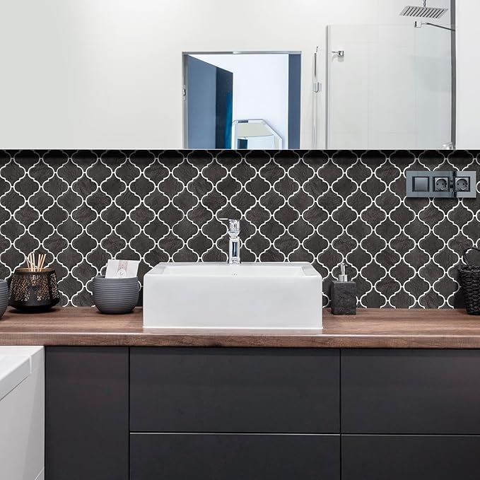 Arabesque Peel and Stick Backsplash for Kitchen, Thicker Design 3D Self Adhesive Wall Tiles, 12"x12" Peel and Stick Wall Tiles, Dark Grey 10-Sheet Stick on Tile for Kitchen and Bathroom.