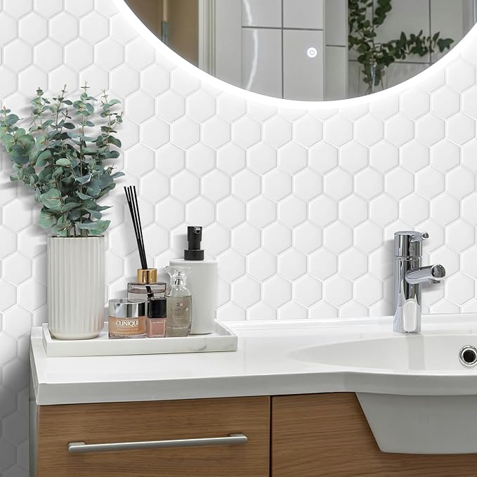10-Sheet Hexagon Peel and Stick Backsplash for Kitchen, New Upgrade Premium Extra Thicker Design 3D Self Adhesive Wall Tiles, Large Stick on Tiles for Kitchen and Bathroom (12" x 12")