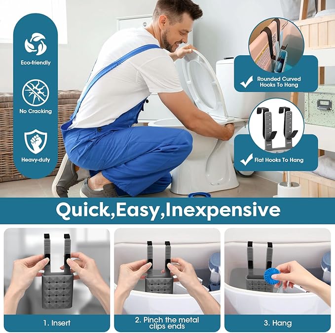 2Pcs Adjustable Toilet Tank Tablet Holder-Hanging Silicone Basket Carrier with Rustproof Hooks for Bowl Cleaner & Bleach Tablet Hanger Pouch Organizer, Accessory Fit Up to 7" Water Level