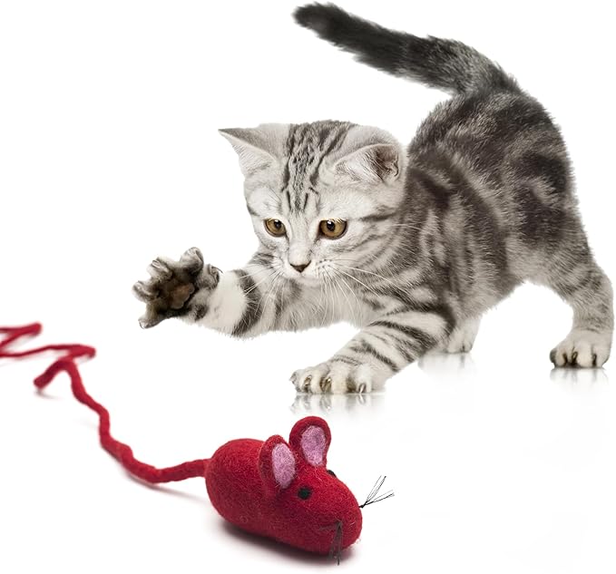 Glaciart One Felt Mouse Cat Toy – Soft Fuzzy Enrichment 100% Natural Wool - Interactive Catnip Play Cat Toy Set - Safe for Pets, Non-AZO Colored Dyes - 100” Long