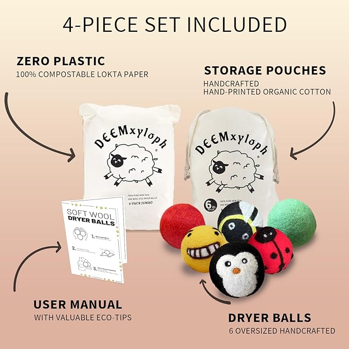 Solid Color Wool Dryer Balls 6-Pack,Hypoallergenic Softener Alternative, Assorted Pure Hues, All-Season Performance Cut Drying Time & Static for Organic Cotton